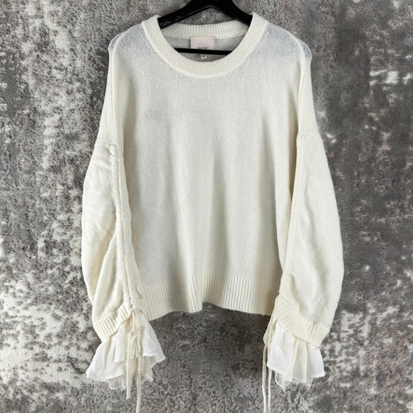 cinq a sept Sweaters - Cinq a Sept Sz M Wool Blend Ruffle Silk Cuff Pullover Sweater Ivory Long Sleeve